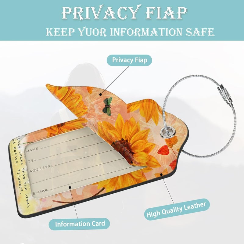 SKYDAWNY Sunflowers Luggage Tags Set of 2 Butterfly Retro Leather Suitcase Tags with Stainless Steel Loop and Privacy Cover for Women Men Travel Luggage Accessories - Image 2